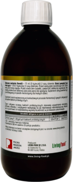 Tył ciemnej butelki suplementu LivingFood z probiotykami, widoczne etykiety ze składem po polsku.