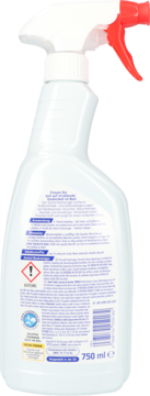Biała butelka sprayu Domol 750 ml do czyszczenia łazienek, widok z tyłu z etykietą i czerwonym atomizerem.