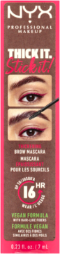 NYX Thick It. Stick It! Thickening Brow Mascara, wegańska, 16HR, brązowe opakowanie z różowym obramowaniem, widok z przodu.