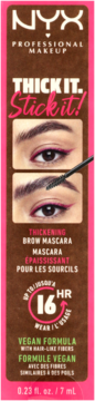 NYX Thick It. Stick It! Thickening Brow Mascara in pink & brown box with eye images & wand.