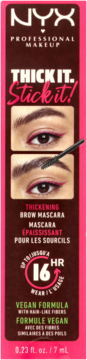 NYX Thick It. Stick It! pogrubiająca mascara do brwi, brązowe pudełko z różowymi akcentami, grafika oka przed/po.