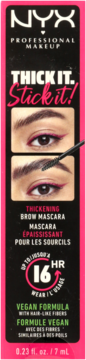 NYX Thick It. Stick It! wegańska maskara do brwi, czarno-różowe pudełko, przód z obrazkami efektu.