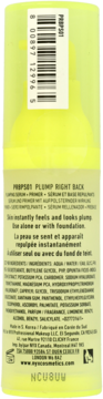 Tył neonowej żółtej butelki NYX Plump Right Back Primer, z białą etykietą, tekstem i kodem kreskowym.