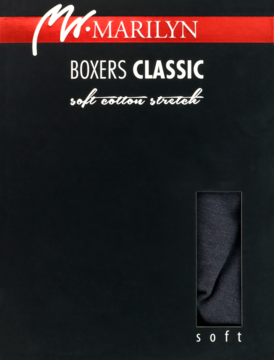 Czarna paczka Marilyn Boxer Classic z czerwonym logo, ukazująca fragment ciemnoszarych bokserek z miękkiej bawełny.