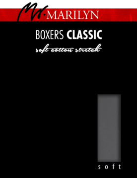 Czarne opakowanie bokserek męskich Marilyn Classic, z napisem soft cotton stretch i szarym wzornikiem materiału.