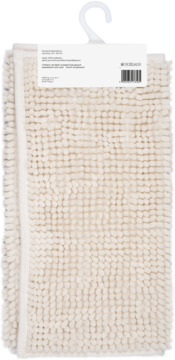 Kremowy dywanik łazienkowy 40x60 cm z mikrofibry, o pętelkowej fakturze, zapakowany z wieszakiem.