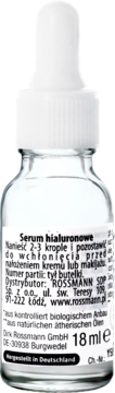 Tył szklanej butelki wegańskiego serum z kwasem hialuronowym Alterra Hyaluron 18ml, widoczne instrukcje.