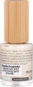 Alterra Kaolin Repair, odżywka do paznokci w szklanej butelce z drewnianym korkiem, widok z przodu.