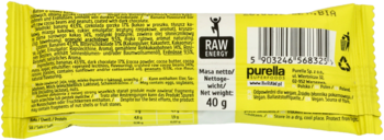 Tył żółtego opakowania Purella batona bananowo-orzechowego. Widoczny kod kreskowy, waga 40g i lista składników.