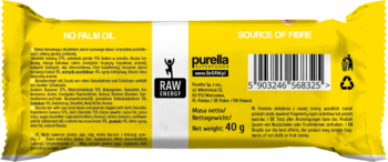 Tył żółtego opakowania batona Purella Raw Power bananowego 40g, z napisami 'NO PALM OIL' i kodem kreskowym.