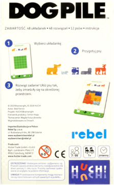 Tył pudełka gry planszowej Dog Pile. Opis zawartości, ilustracje rozgrywki, loga producentów Rebel i Huch! Games.