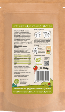 Tył brązowej saszetki Helpa Czary Mamy Bio kaszka jaglano-gryczana z amarantusem 200g, z etykietą i kodem.