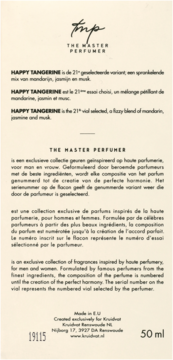 Jasnobeżowa etykieta perfum Happy Tangerine N&deg;21 The Master Perfumer 50 ml, z opisem nut mandarynki i jaśminu.