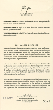 Tył opakowania wody toaletowej The Master Perfumer Velvet Patchouli N°20 (50 ml), z czarnymi napisami na beżowym tle.