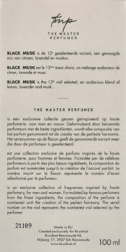 Tył kartonika perfum Black Musk The Master Perfumer, 100ml. Jasnobeżowe tło, czarny tekst o nutach cytryny, lawendy i piżma.