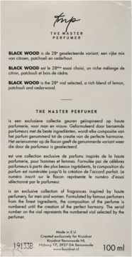 Tył opakowania The Master Perfumer Black Wood 100ml. Beżowe tło z opisem zapachu: cytryna, paczula, cedr.