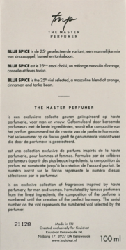 Tył opakowania męskiej wody toaletowej The Master Perfumer Blue Spice N°25, biały z opisem w 3 językach.