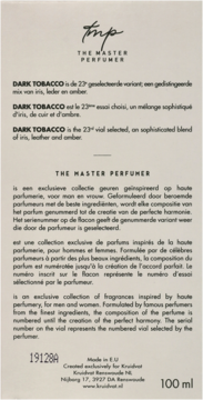 Biała etykieta The Master Perfumer Dark Tobacco N°23 100ml, opis blendu irysa, skóry, bursztynu, widok z tyłu.