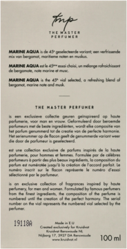 Tył opakowania Marine Aqua N°45 The Master Perfumer 100 ml, z opisem zapachu w trzech językach na jasnym tle.