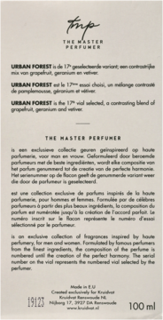 Białe pudełko perfum The Master Perfumer Urban Forest N°17, 100 ml, z czarnym tekstem i nutami grejpfruta.