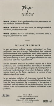 Tył opakowania wody toaletowej The Master Perfumer White Cedar N°43, z opisem zapachu i pojemnością 100 ml.