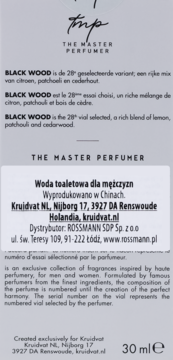 Etykieta męskiej wody toaletowej Black Wood N°28 Master Perfumer, 30 ml, czarny tekst na jasnoszarym tle.