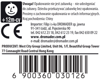 Tył opakowania piłki z miękkiego tworzywa, z polskimi danymi producenta, importera, CE, +12m i kodem.