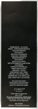 Tył opakowania perfum Calvin Klein Eternity For Women, czarny z białym tekstem i listą składników.