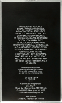 Czarny tył opakowania perfum Calvin Klein Eternity For Men z białym tekstem: składniki, marka i dane producenta.