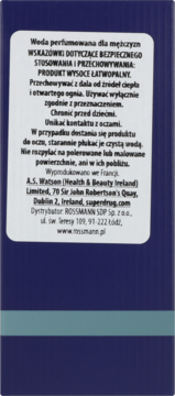 Tył butelki wody perfumowanej Artiscent Atelier, niebieska, z białą etykietą i polskimi instrukcjami bezpieczeństwa.