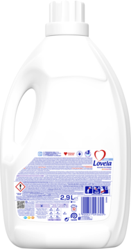 Tył białej butelki Lovela Baby hipoalergicznego mleczka do prania dla dzieci 2.9L, widoczna etykieta.