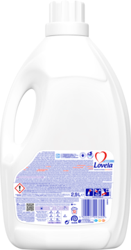 Lovela Baby hipoalergiczne mleczko do prania. Biała butelka 2.9L, tył opakowania z etykietą dla niemowląt, bez alergenów.