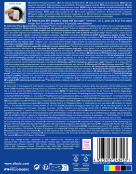 Tył opakowania Vileda, z tekstem o usuwaniu 99% bakterii i wirusów, kodem kreskowym, wsadzanie do pralki.
