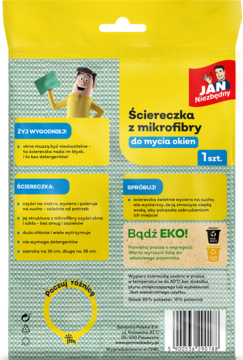 Tył żółtego opakowania ściereczki z mikrofibry JAN Niezbędny do mycia okien, z tekstem i grafikami.