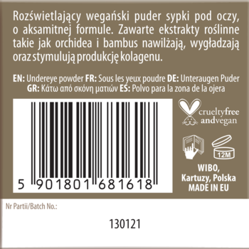 Tył brązowego opakowania wegańskiego pudru pod oczy z orchideą i bambusem, kod kreskowy i certyfikaty.