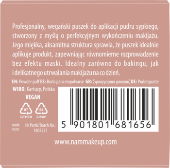Tył matowego, różowego opakowania wegańskiego puszku do pudru sypkiego. Widoczny opis, kod kreskowy, logo VEGAN.