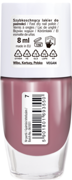 Szybkoschnący lakier do paznokci Wibo w odcieniu przydymionego różu, tył z etykietą i kodem.