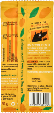 Tył żółtego opakowania żelków Owocowe Puzzle mango, widoczna tabela składników i waga 20g.