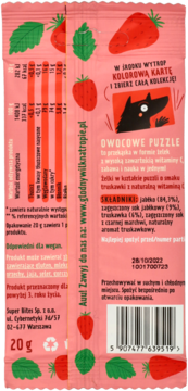 Tył różowego opakowania Owocowych Puzzli, żelki truskawkowe, z tabelą wartości odżywczych i wilkiem.