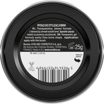 Widok z góry na czarne, okrągłe mydełko do brwi Eveline Cosmetics 25g, z białą etykietą i opisem.