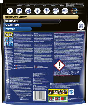 Tył ciemnoniebieskiego opakowania kapsułek Finish Ultimate All in 1 Cytrynowe 100 szt., z tekstami informacyjnymi i ostrzeżeniem.