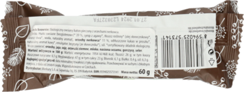 Tył brązowego opakowania ekologicznego batona owsianego kakaowego z nerkowcami, widoczne dane i kod.