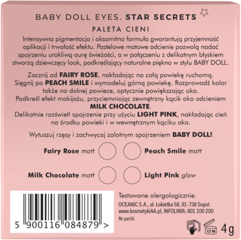 Tył różowej paletki cieni Baby Doll Eyes, Star Secrets, z listą odcieni i instrukcją użycia.