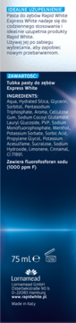 Rapid White Express White pasta do zębów 75ml. Bok opakowania, lista składników oraz info o fluorze.