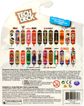 Tył opakowania Tech Deck, z wizualizacją 18 mini fingerboardów do kolekcjonowania, różnych marek.