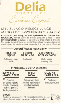Tył opakowania Delia Eyebrow Expert Perfect Shaper, mydło do brwi, z opisem i informacjami o produkcie.