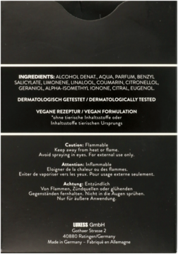 Tył czarnego opakowania Tom Tailor Adventurous Eau de Toilette dla mężczyzn, z listą składników i ostrzeżeniami.