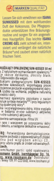 Tył beżowego opakowania krem-żelu Isana Sun Kissed przedłużającego opaleniznę, z opisem i logo MARKER QUALITÄT.