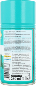 Domol Simply Fresh Cotton Fields wkład do odświeżacza 250 ml, tył turkusowej puszki z opisem w DE.