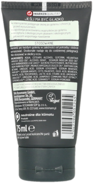 Tył tubki balsamu po goleniu Rossmann 75ml z ekologicznym aloesem, szara, widoczne napisy i składniki.
